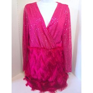 Hot Barbie Pink Sequin Fringe V Neck Long Sleeve Mini Party Dress SZ L